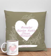 BK Gift Kişiye Özel İsimli Anneler Günü Tasarımlı Haki Kırlent Yastık ve Kupa Seti, Anneye Hediye, Ev Dekorasyonu, Anneler Günü Hediyesi-2