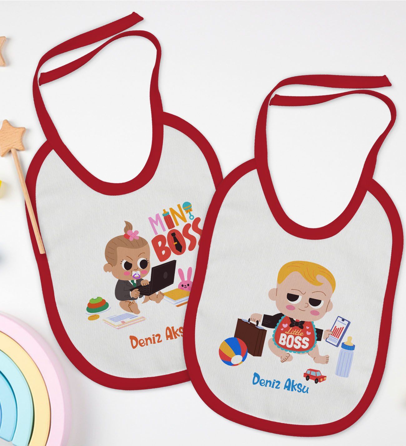 BK Kids Kişiye Özel Mini ve Little Boss Tasarımlı 2’li Kırmızı Mama Önlüğü-1