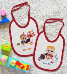 BK Kids Kişiye Özel Mini ve Little Boss Tasarımlı 2’li Kırmızı Mama Önlüğü-1