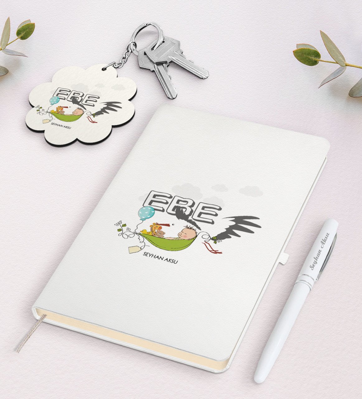 Kişiye Özel Ebe Beyaz Defter Kalem Ve Anahtarlık Hediye Seti-2