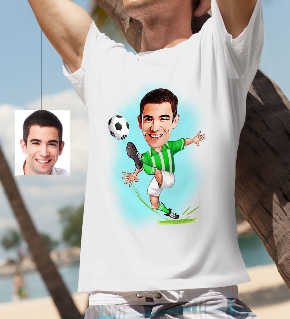 Kişiye Özel Bay Yeşil Beyaz Futbolcu Karikatür Beyaz Tişört - 1