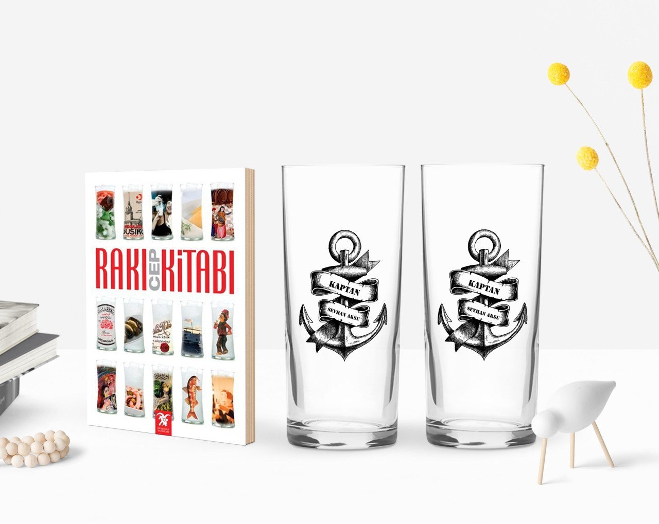 Kişiye Özel Renkli Baskılı Kaptan Tasarımlı İkili Rakı Bardağı ve Rakı Cep Kitabı Hediye Seti-6