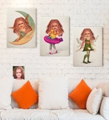 Kişiye Özel 3'lü Kız Çocuk Karikatürlü Kanvas Tablo Seti 30x50cm-1