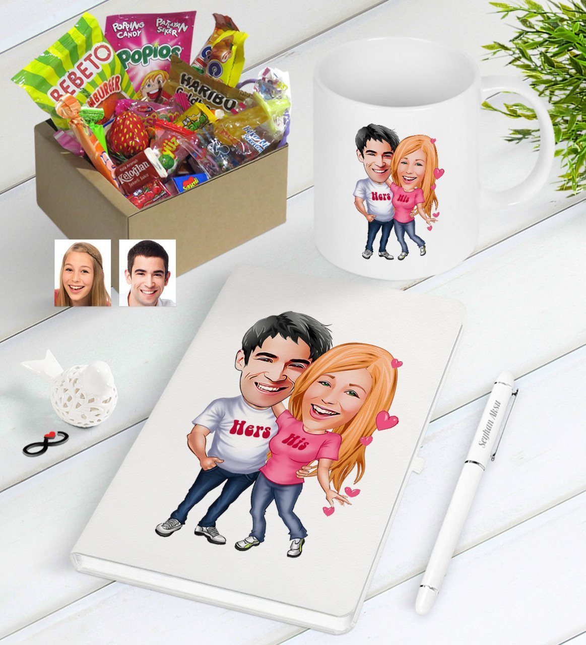Kişiye Özel Sevgililer Karikatürlü Nostaljik Lezzetler Defter Kalem Kupa Hediye Seti-5