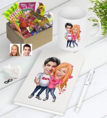 Kişiye Özel Sevgililer Karikatürlü Nostaljik Lezzetler Defter Kalem Kupa Hediye Seti-5