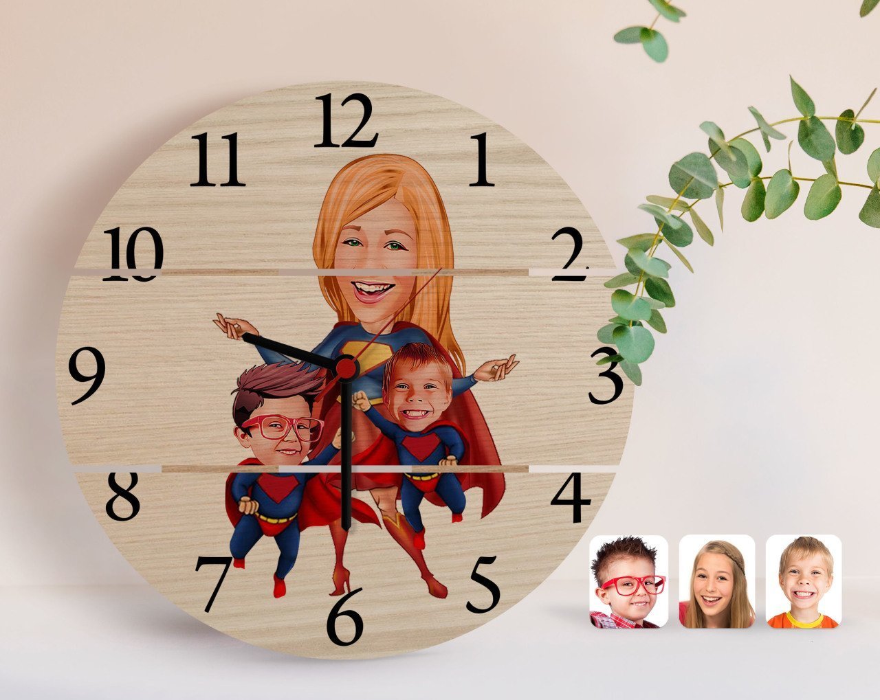Kişiye Özel Süper Anne ve Süper Çocuklar Karikatürlü Otantik Ahşap Palet Saat-1