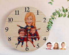 Kişiye Özel Süper Anne ve Süper Çocuklar Karikatürlü Otantik Ahşap Palet Saat-1