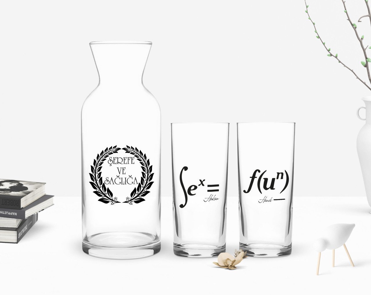 Kişiye Özel Renkli Baskılı Denklem Tasarımlı İkili Rakı Bardağı ve Karaf Hediye Seti-1