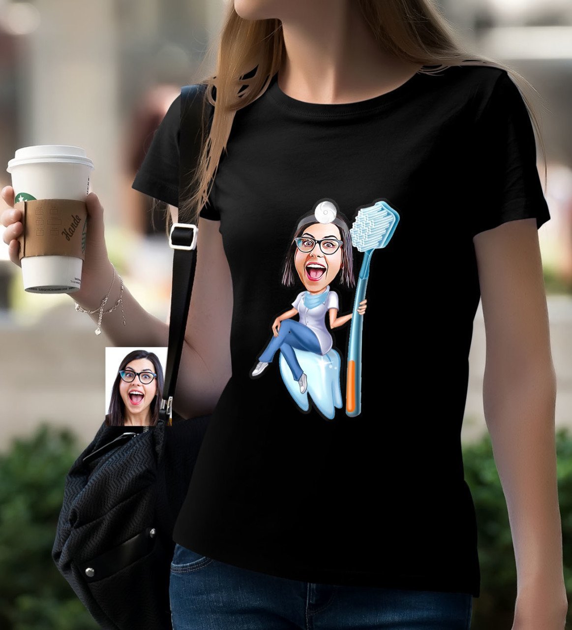 Kişiye Özel Bayan Diş Hekimi Karikatürlü Siyah T-Shirt-2