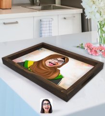 Kişiye Özel Kadın Arapça Öğretmeni Karikatürlü Doğal Ahşap Tepsi-3