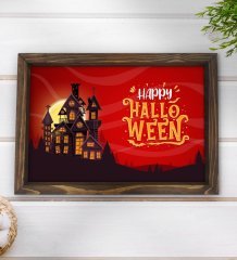 BK Gift Happy Halloween Tasarımlı Doğal Ahşap Tepsi-5