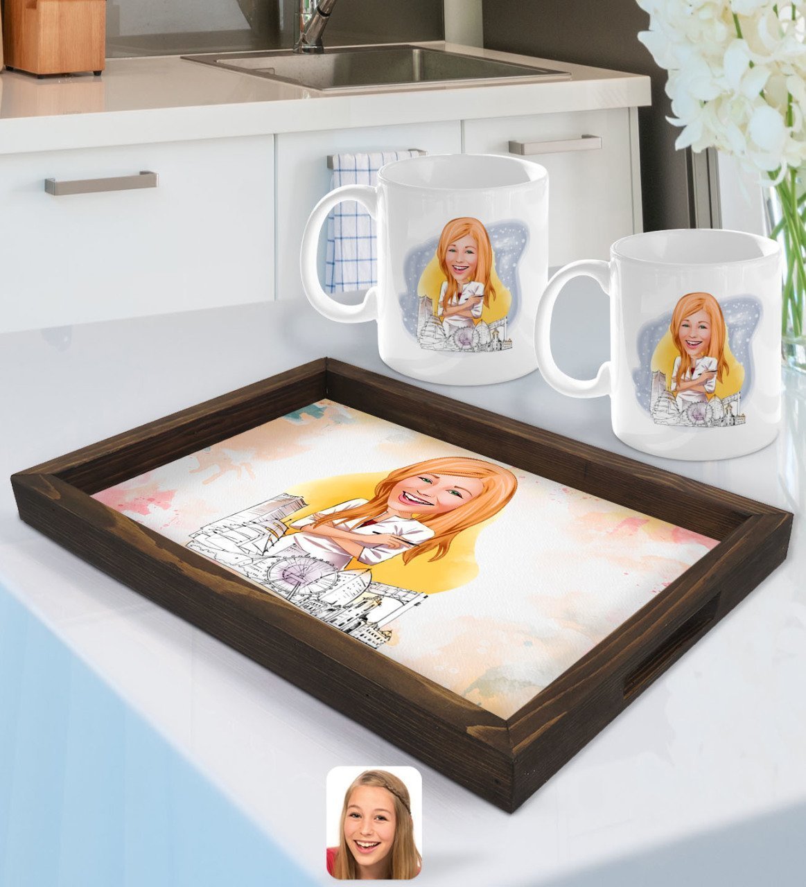 Kişiye Özel Kadın Mimar Karikatürlü Doğal Ahşap Tepsi ve 2’li Kupa Bardak Seti-1