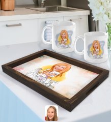Kişiye Özel Kadın Mimar Karikatürlü Doğal Ahşap Tepsi ve 2’li Kupa Bardak Seti-1
