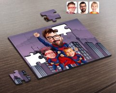 Kişiye Özel Süper Baba ve 2 Çocuk Karikatürlü Ahşap Puzzle-1