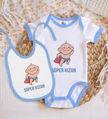 BK Kids Süper Kızan Tasarımlı Mavi Bebek Body Zıbın ve Mama Önlüğü Hediye Seti-1