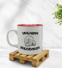 Bk Gift Yıkılmadım Dinleniyorum Tasarımlı İçi Kırmızı Renkli Kupa Bardak Model 1