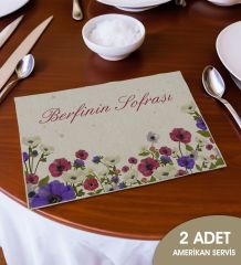 BK Gift Kişiye Özel Çiçek Tasarımlı 2’li Keten Amerikan Servis Seti-10, Ev Hediyesi,Baskılı Servis Bezi, Mutfak Dekoru