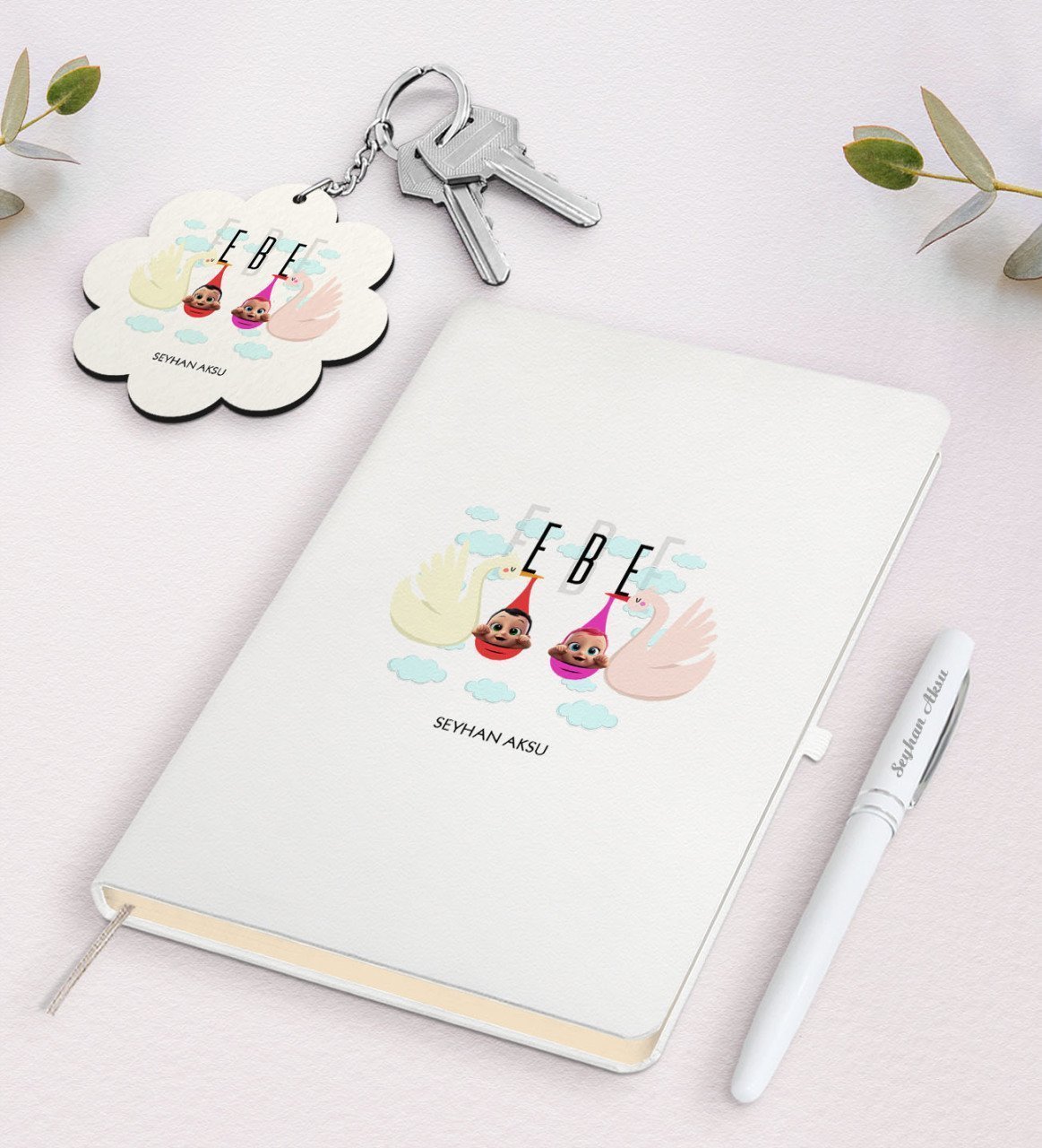 Kişiye Özel Ebe Beyaz Defter Kalem Ve Anahtarlık Hediye Seti-1
