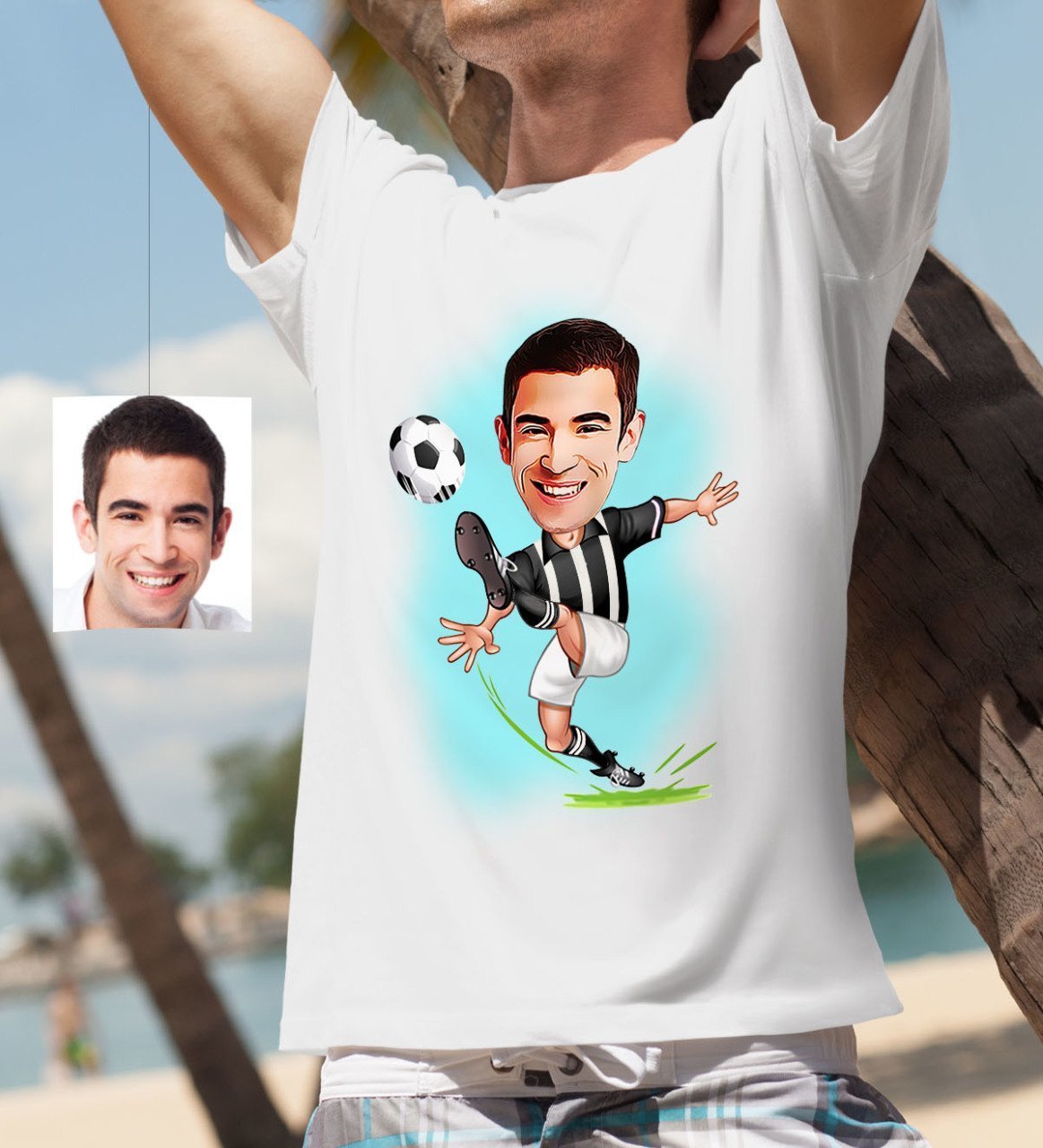 Kişiye Özel Bay Siyah Beyaz Futbolcu Karikatür Beyaz Tişört - 1