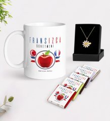 Kişiye Özel Fransızca Öğretmeni Beyaz Kupa Çikolata ve İsimli Papatya Kolye Hediye Seti-3