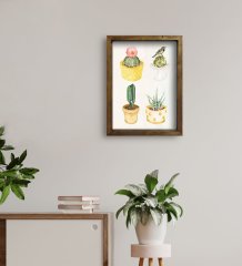 BK Gift Kaktüsler Tasarımlı Doğal Masif Ahşap Çerçeveli Tablo 45x65cm-2