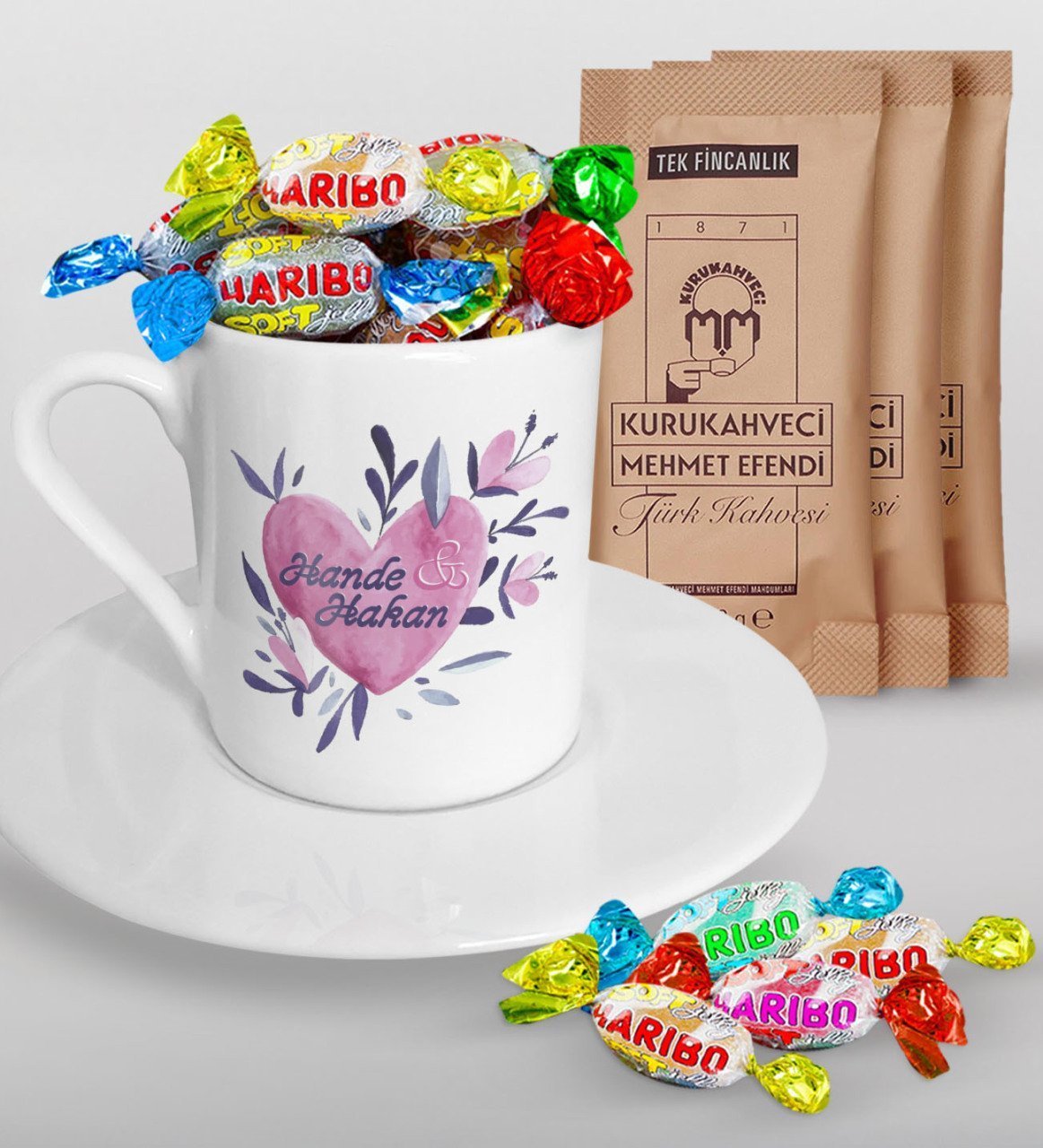 Kişiye Özel Sevgililer Günü Türk Kahvesi Fincanı Mehmet Efendi Kahve ve Haribo Şeker Hediye Seti-22