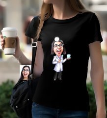 Kişiye Özel Bayan Diş Hekimi Karikatürlü Siyah T-Shirt-1