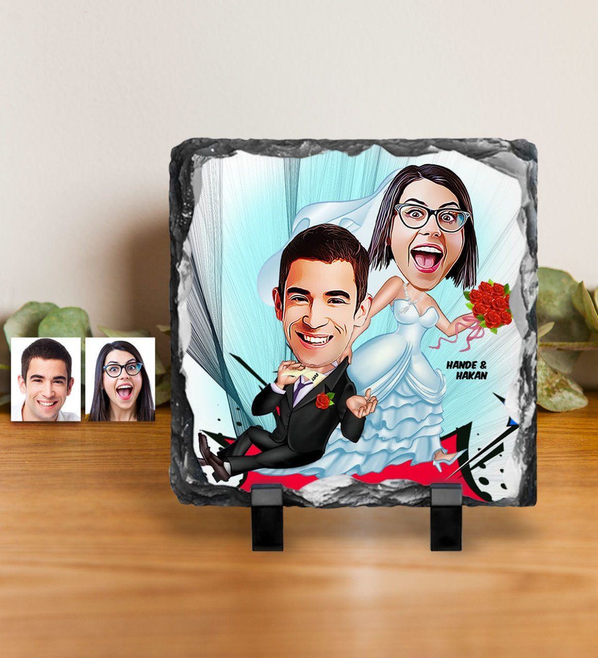 Kişiye Özel Gelin Damat Karikatürlü Dekoratif Doğal Taş - 2