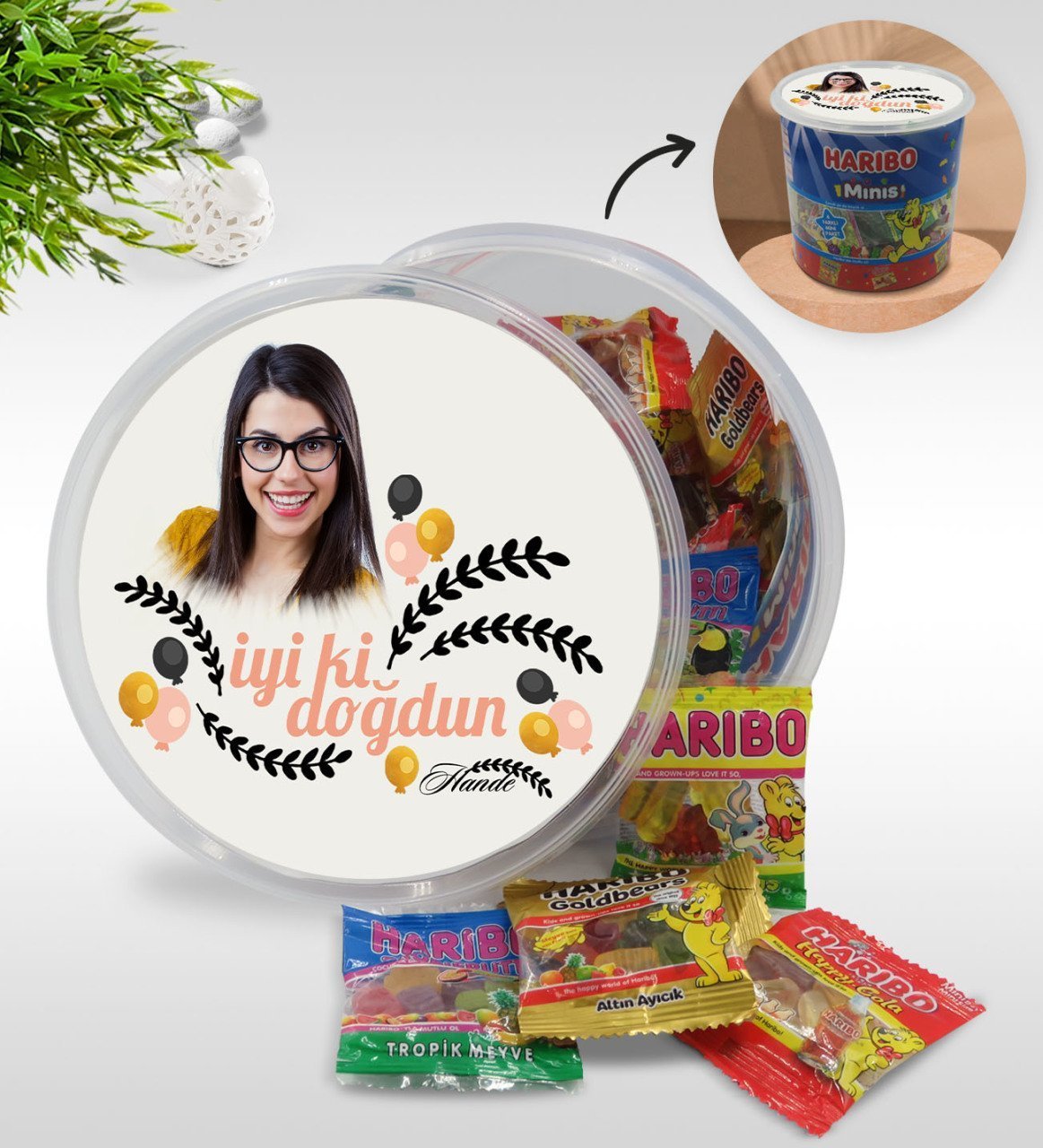 Kişiye Özel İsimli Fotoğraflı Doğum Günü Tasarımlı Dev Boy Haribo Minis Kovası (10gx100adet) Model 26