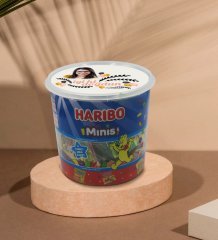 Kişiye Özel İsimli Fotoğraflı Doğum Günü Tasarımlı Dev Boy Haribo Minis Kovası (10gx100adet) Model 26