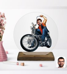 Kişiye Özel Erkek Motorcu Karikatürlü Yuvarlak Ahşap Standlı Biblo-5