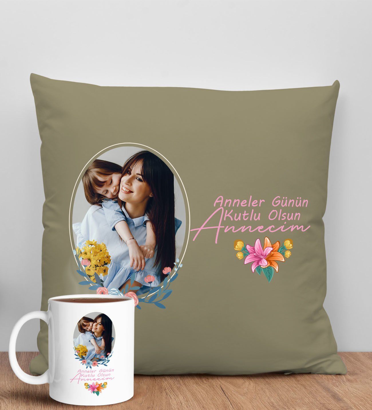 BK Gift Kişiye Özel Fotoğraflı Anneler Günü Tasarımlı Haki Kırlent Yastık ve Kupa Seti, Anneye Hediye, Ev Dekorasyonu, Anneler Günü Hediyesi-1
