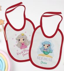 BK Kids Kişiye Özel Küçük Deniz Kızı ve Prenses Tasarımlı 2’li Kırmızı Mama Önlüğü-1