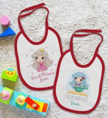 BK Kids Kişiye Özel Küçük Deniz Kızı ve Prenses Tasarımlı 2’li Kırmızı Mama Önlüğü-1
