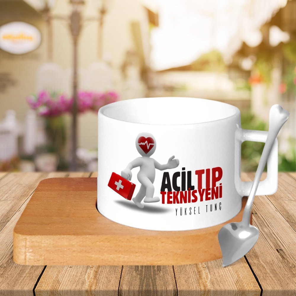 Kişiye Özel Mesleki Acil Tıp Teknisyeni Ahşap Altlıklı Seramik Fincan - 1