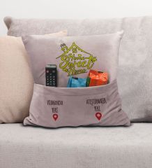 BK Gift Eğlenceli Tasarımlı Organizer Kumanda ve Atıştırmalık Cepli Pembe Kırlent Yastık- 7, Ev Dekoru, Ev Hediyesi