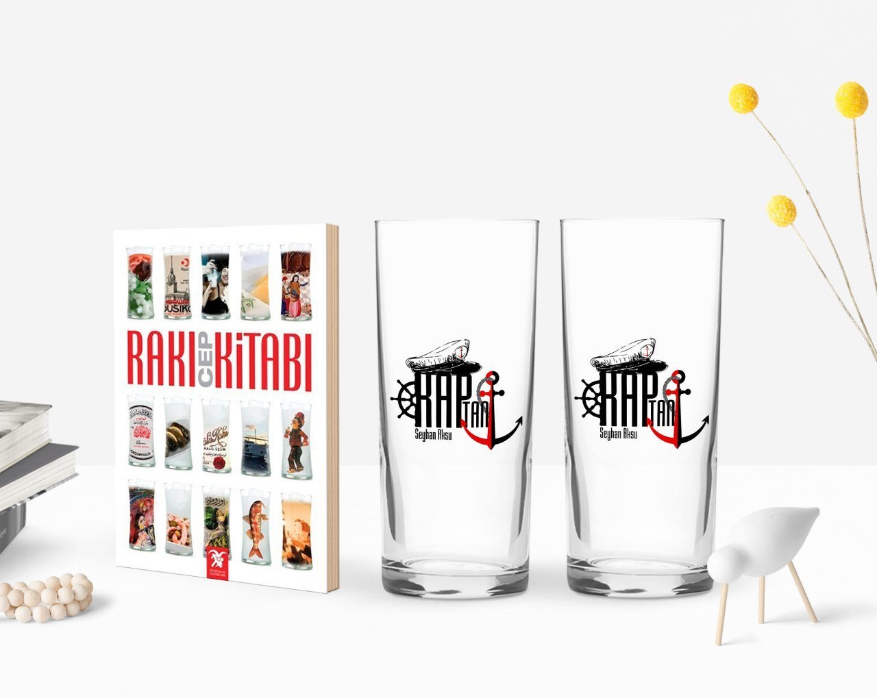 Kişiye Özel Renkli Baskılı Kaptan Tasarımlı İkili Rakı Bardağı ve Rakı Cep Kitabı Hediye Seti-2