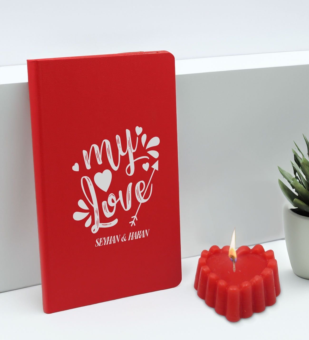 BK Gift Sevgililere Özel İsimli Kırmızı Defter ve Kokulu Kalp Mum Hediye Seti-11, Sevgiliye Hediye, Sevgililer Günü