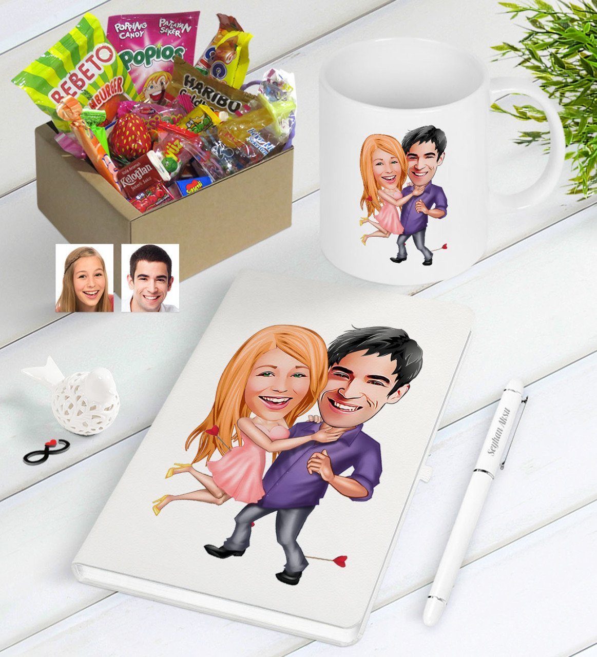Kişiye Özel Sevgililer Karikatürlü Nostaljik Lezzetler Defter Kalem Kupa Hediye Seti-3