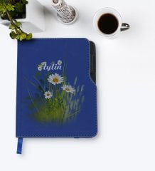 Kişiye Özel Papatya Temalı Lacivert Termo Deri Defter-13