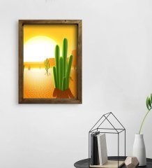 BK Gift Kaktüsler Tasarımlı Doğal Masif Ahşap Çerçeveli Tablo 45x65cm-1