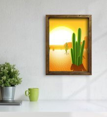 BK Gift Kaktüsler Tasarımlı Doğal Masif Ahşap Çerçeveli Tablo 45x65cm-1