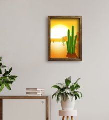 BK Gift Kaktüsler Tasarımlı Doğal Masif Ahşap Çerçeveli Tablo 45x65cm-1