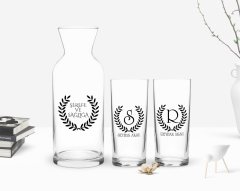 Kişiye Özel Renkli Baskılı Çelenk Baş Harfli İsimli İkili Rakı Bardağı ve Karaf Hediye Seti-5