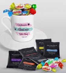 Kişiye Özel Öğretmenler Gününüz Kutlu Olsun Türk Kahvesi Fincanı Selamlique Karışık Türk Kahvesi ve Haribo Şeker Hediye Seti-4