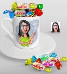Kişiye Özel Bayan Karikatürlü Türk Kahvesi Fincanı ve Haribo Şeker Hediye Seti-19