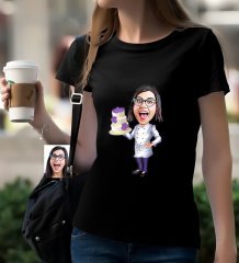 Kişiye Özel Bayan Chef Karikatürlü Siyah T-Shirt-2