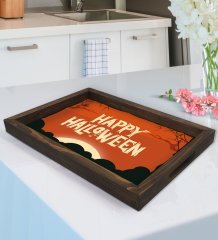 BK Gift Happy Halloween Tasarımlı Doğal Ahşap Tepsi-3
