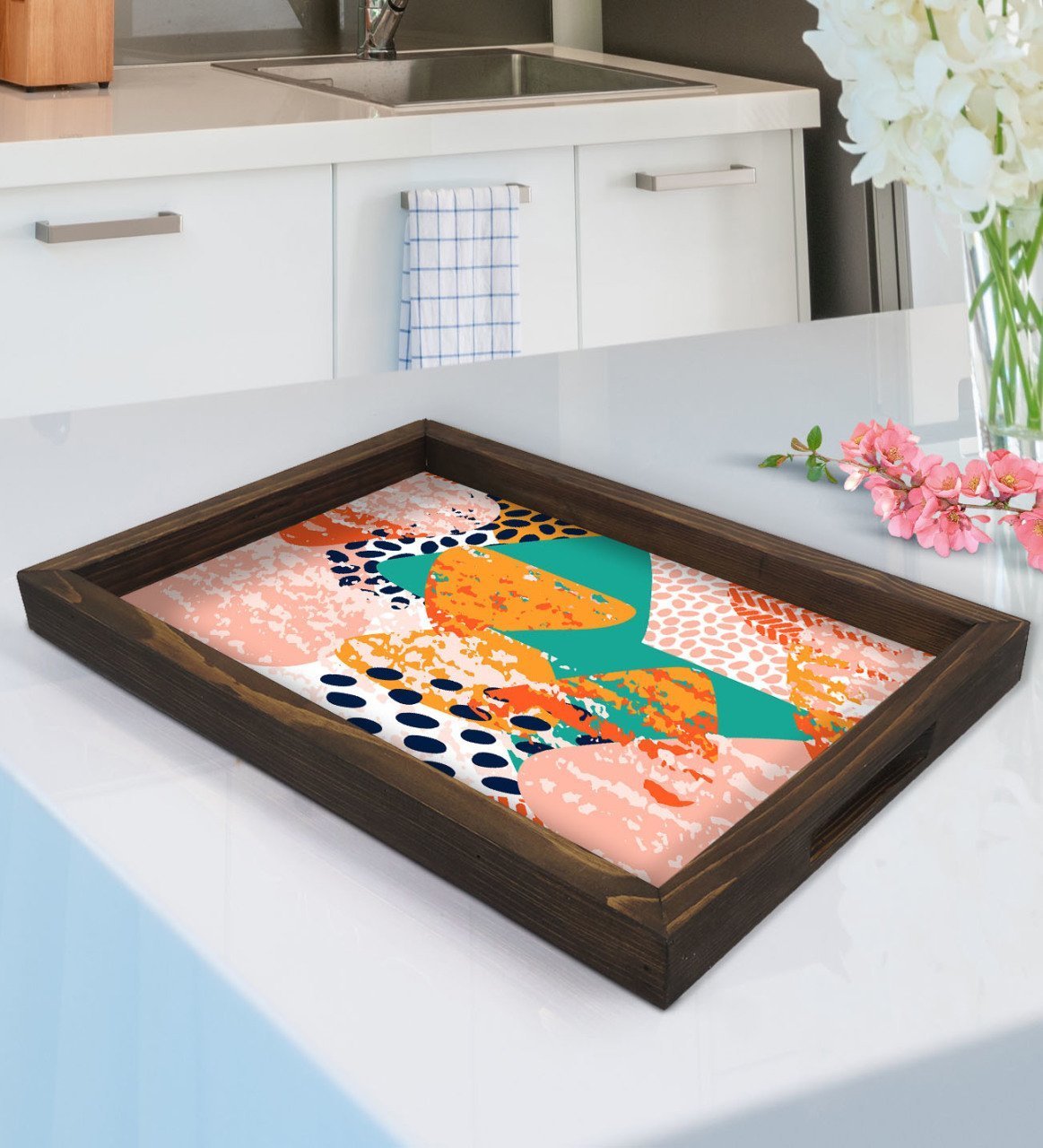 BK Gift Modern Art Tasarımlı Doğal Ahşap Tepsi-1