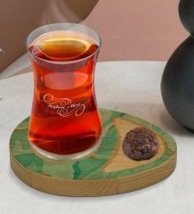 Kişiye Özel Mermer Tasarımlı Doğal Ahşap Tabaklı Heybeli Çay Bardağı Sunum Seti Model 1